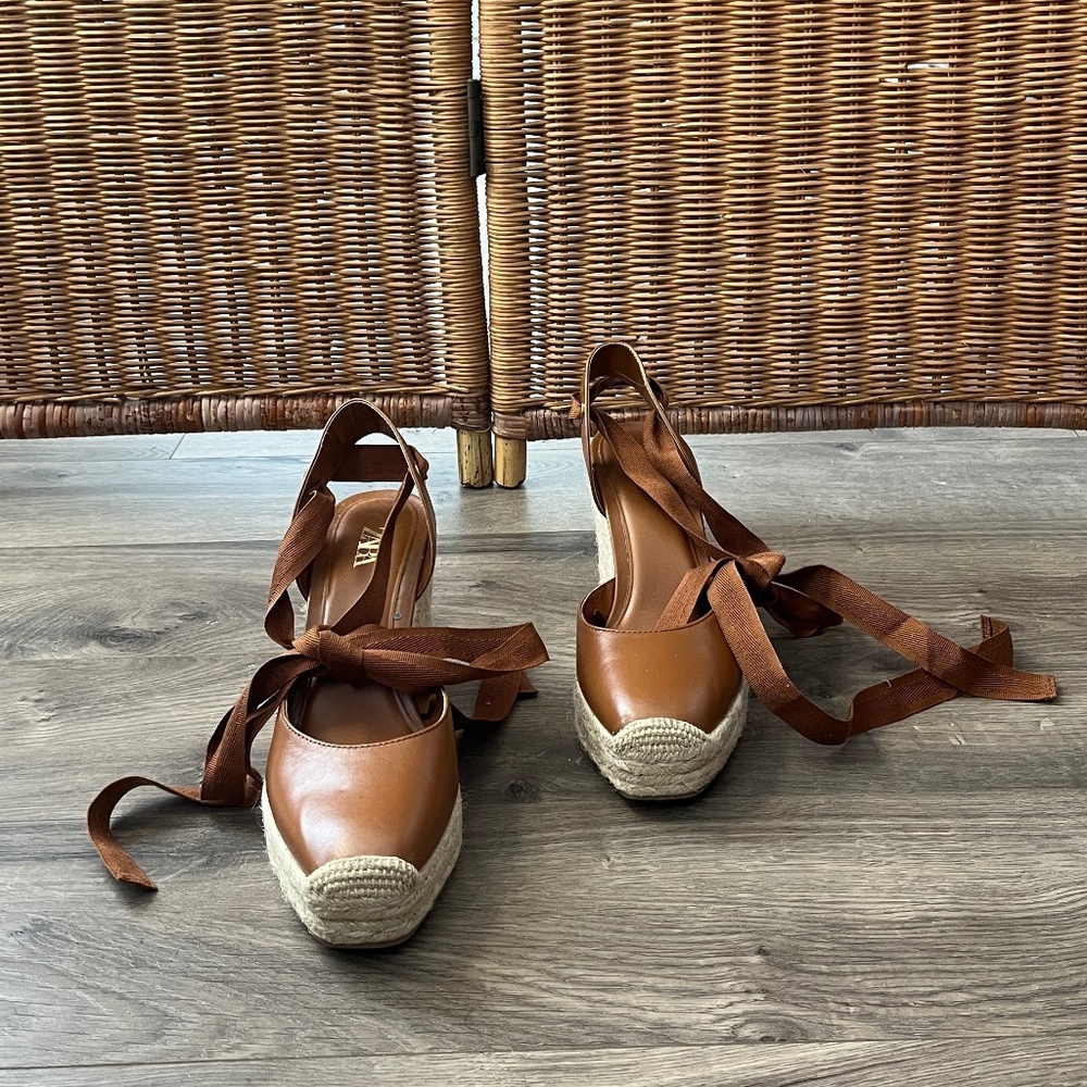 Zara Leather Espadrilles with Fabric Lace Up Ties